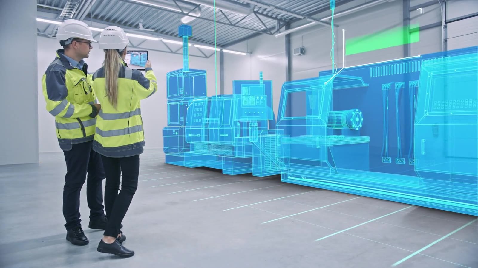 Ingenieros diseñando una línea de producción con realidad aumentada